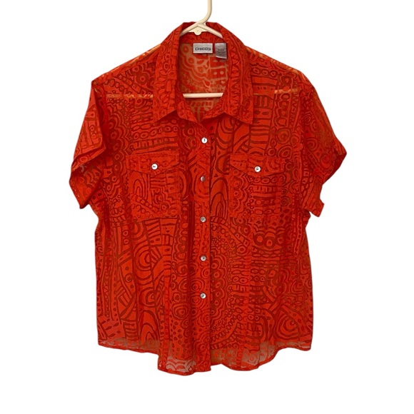 Chicos Top Womens 3 US XL Orange Sheer Button Short Sleeve Aztec Design Boho - Picture 1 of 6
